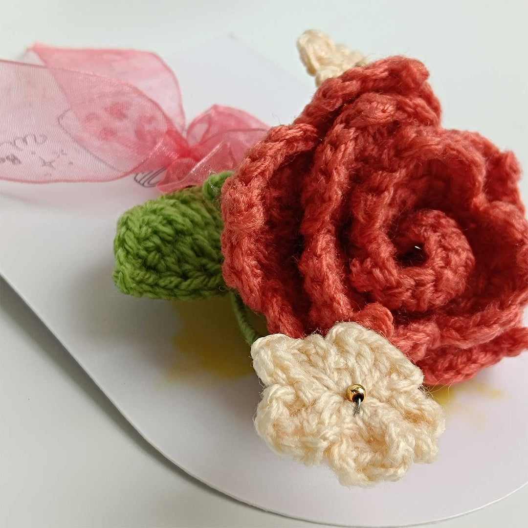 Handmade Crochet 3D Red Rose Greeting Card