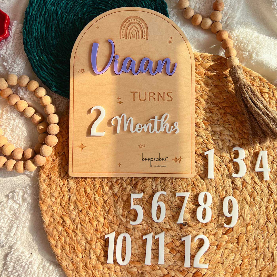 Personalized Rainbow Theme Birch Wood Baby Milestone Markers For Newborn Photoshoot