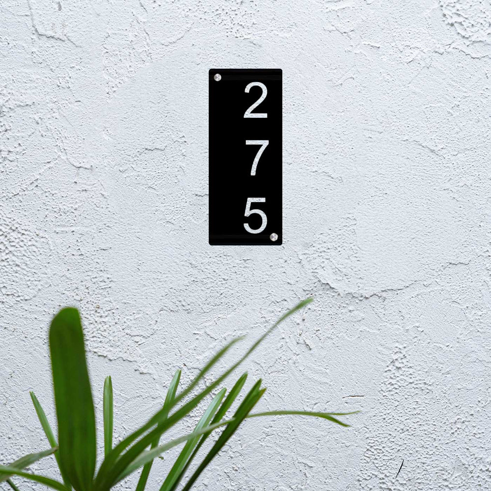 Personalized Laser Cut Minimalist Design Steel Vertical Name Plate - Mounted on Exterior Wall Front View