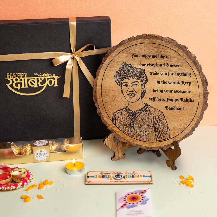 Photo Personalized Engraved Brother Theme Wooden Decorative Plaque Rakhi Hamper Includes 1 Rakhi 1 Plaque 1 Chocolate 1 Card And 1 Rakhi Plate - Gift Set Display with Plaque