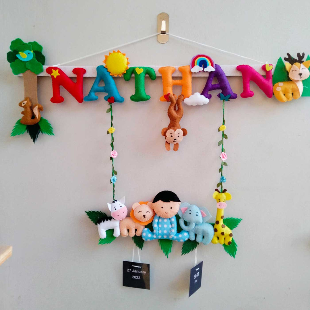 Personalized Boys Jungle Theme Felt Kids Name Plate - Name Personalization Example Hanging on Wall