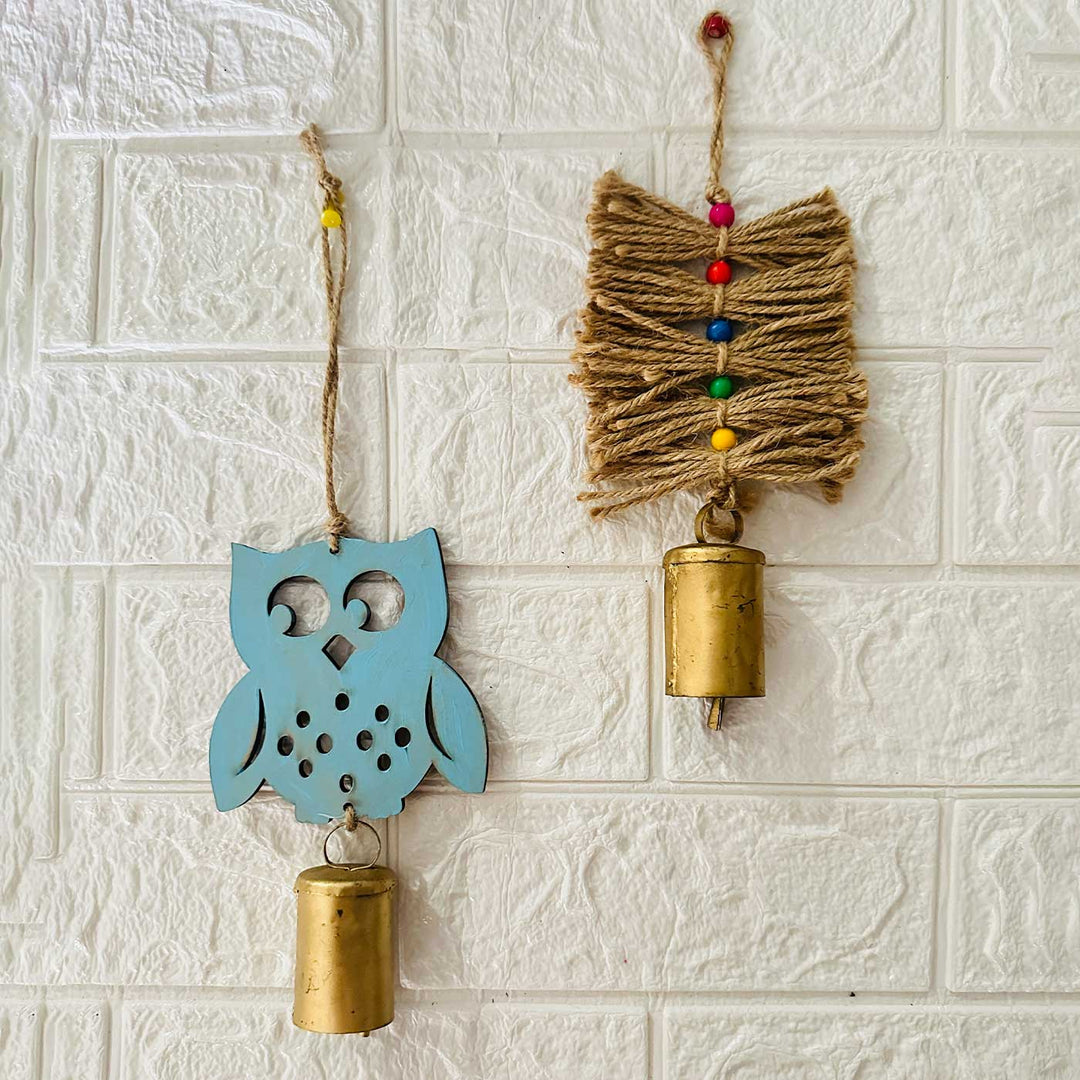 Rustic Décor Jute Tassel Bell & Owl Bell Hanging | Set Of 2