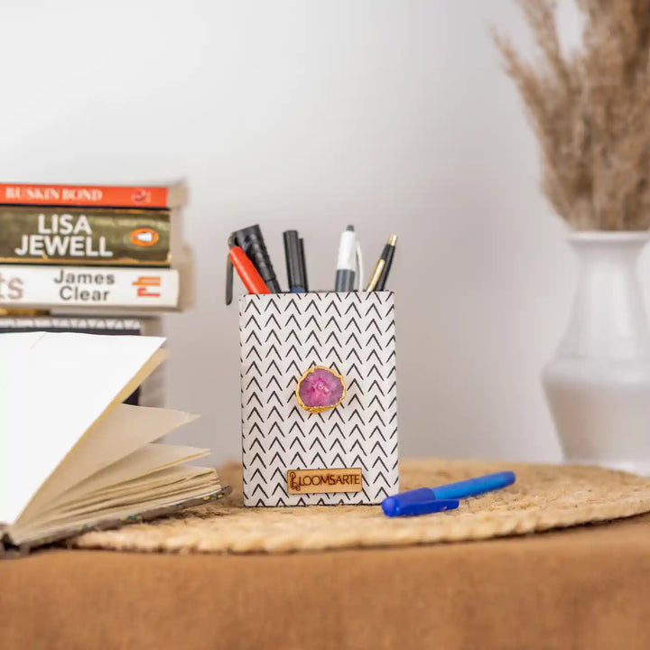 Black And White Cotton Fabric Coated MDF Pen Stand With Agate Accent Office Must-Have