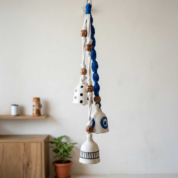 Macrame Handpainted Ceramic Bells Polka Chime Trio Hanging With Wooden Beads With Assorted Ceramic Hooks
