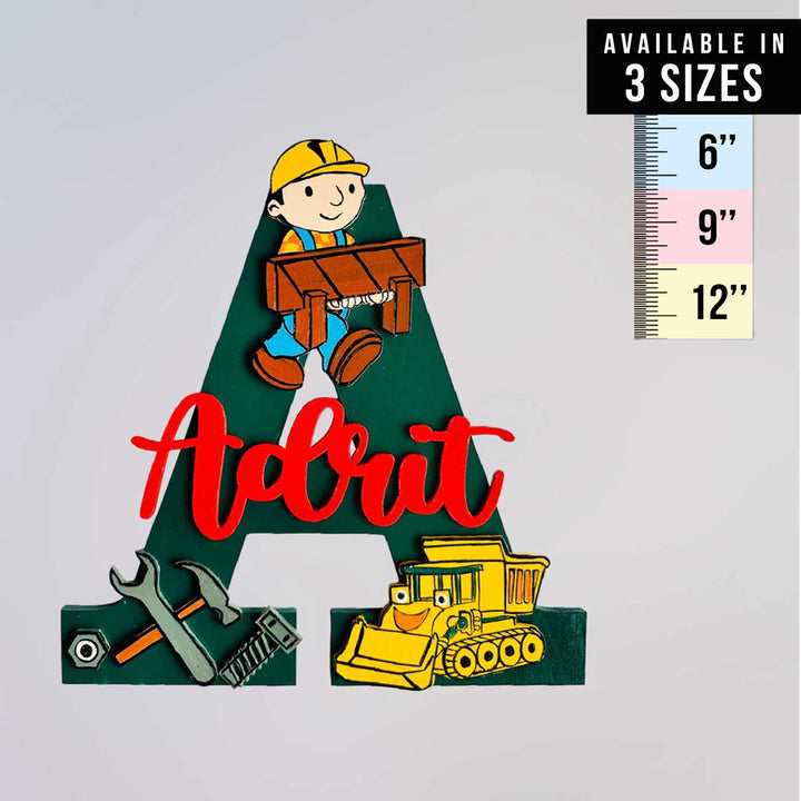 Personalized Hand Painted Bob The Builder Fun Mdf Wood Monogram With 3D Letters 1 - Front View with Size Reference