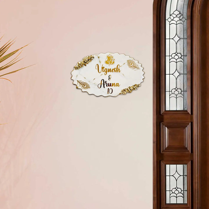 White & Gold Personalized Marble Effect Oval Resin Name Plate | With 3D Acrylic Letters & Gold Stone Embellishment