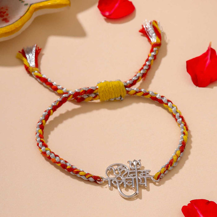 Handmade Om Namah Shivaya Silver Rakhi For Brother - Front Close-up View