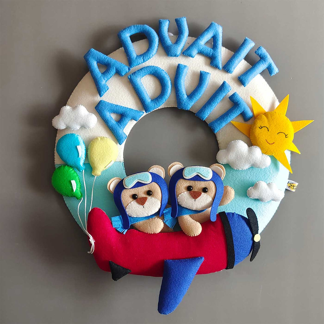 Personalized Teddy On Plane Theme Felt Kids Name Plate For Siblings - Front View Flat Lay