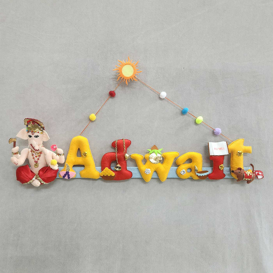 Personalized Shri Ganesha Theme Felt Kids Name Plate - Front View Hanging Wall Decoration