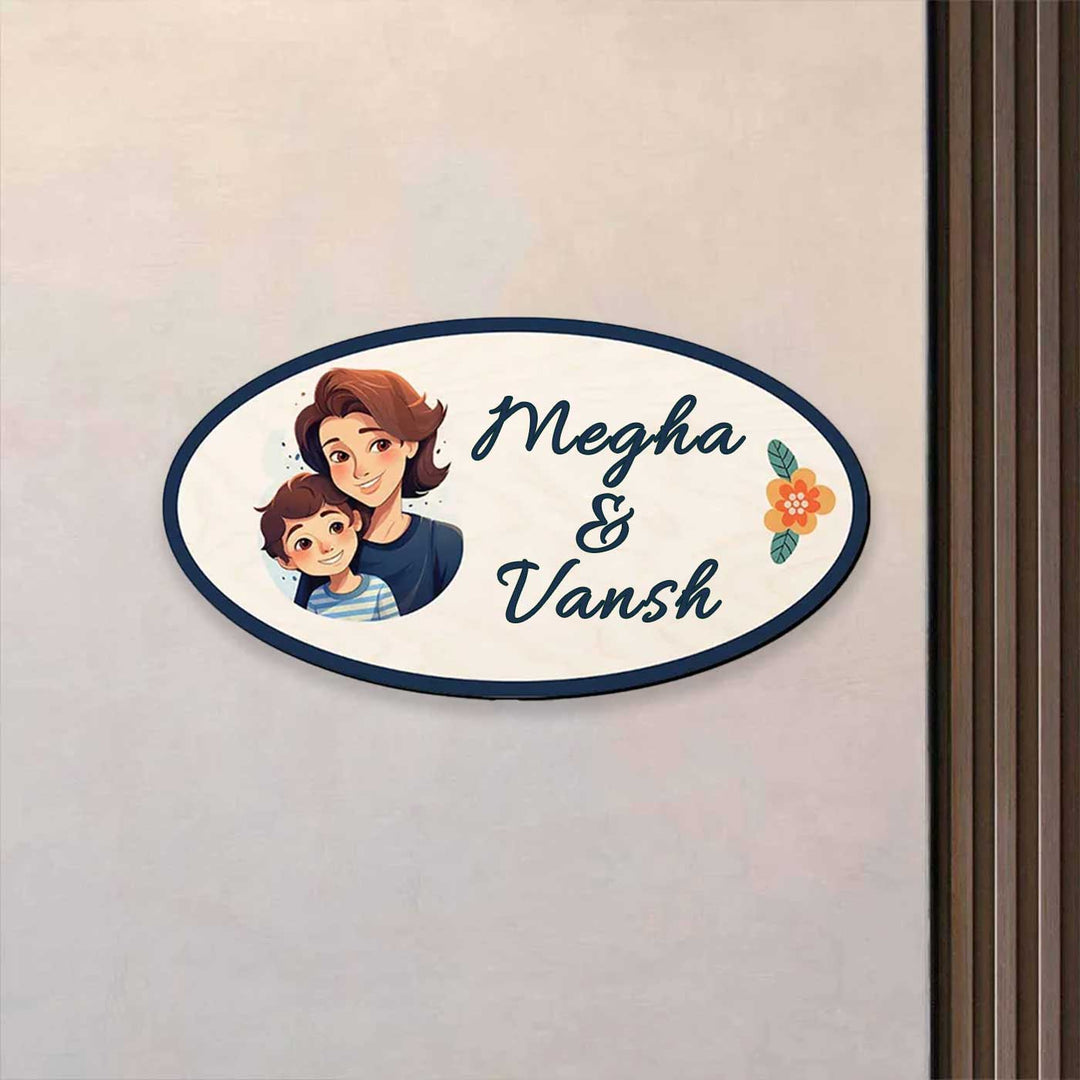 Personalized Mom And Kid Mdf Wood Name Plate - Mounted on Wall with Personalized Design