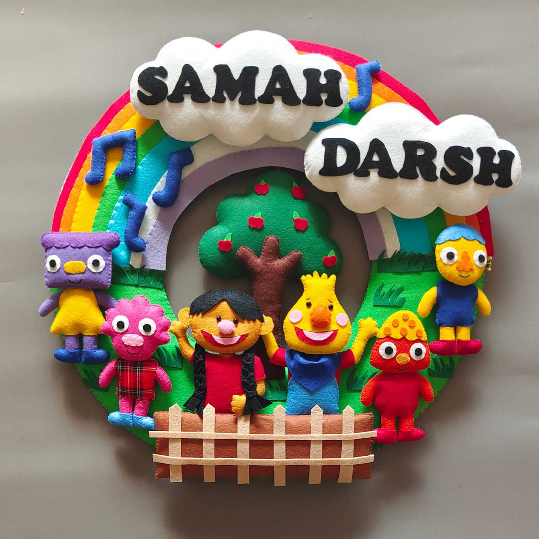 Personalized Super Simple Theme Felt Kids Name Plate For Siblings - Front View with Name Personalization