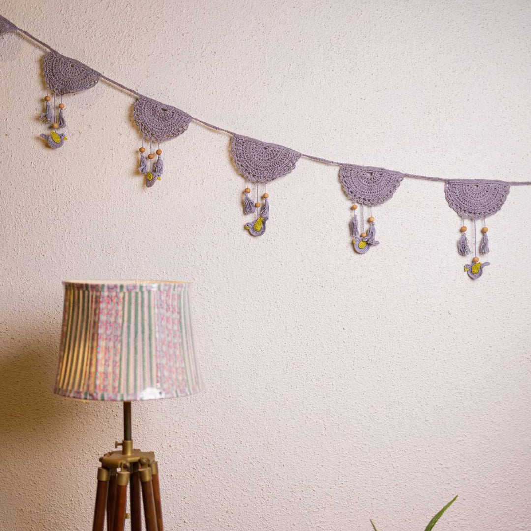 Handmade Crochet Grey Tassel Boho Cotton Bunting - Decorative Wall Hanging Display