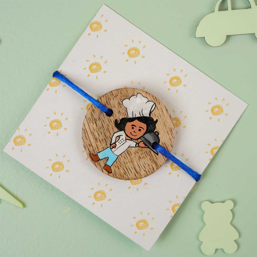 Personalized Hand Painted Chef Theme Wooden Rakhi With Roli Chawal - On Card Packaging