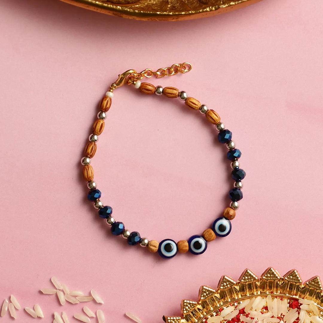 Handmade Beaded Evil Eye Rakhi With Roli Chawal