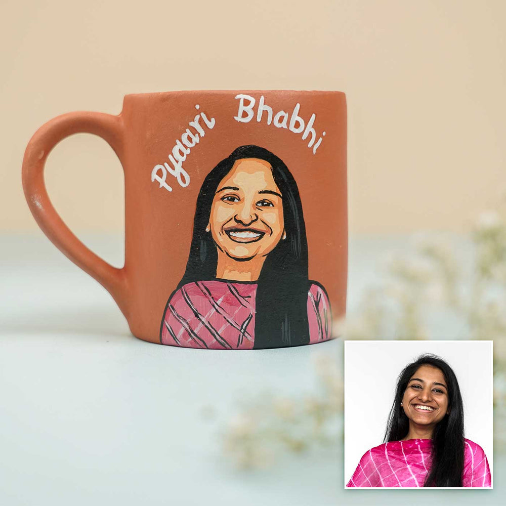 Photo Personalized Handmade Bhai And Bhabhi Theme Rakhi Hamper Includes 2 Mug 2 Rakhi - Close-up Front View with Woman's Image