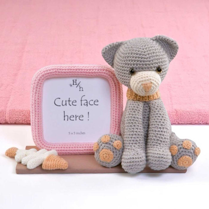 Handmade Crochet Kitten Photo Frame & Kids Rakhi With Roli Chawal