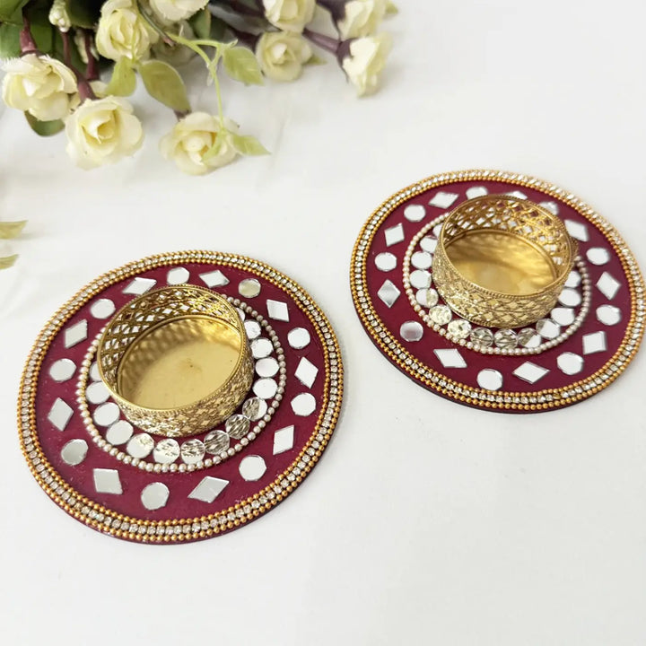 Handmade Mirror Work Maroon & Gold Tealight Holder | Set Of 2