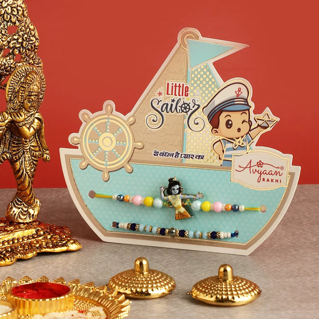 Handmade Krishna Rakhi Hamper | Includes 1 Krishna With Kadamba Tree Idol, 2 Rakhis, 1 Roli Chawal