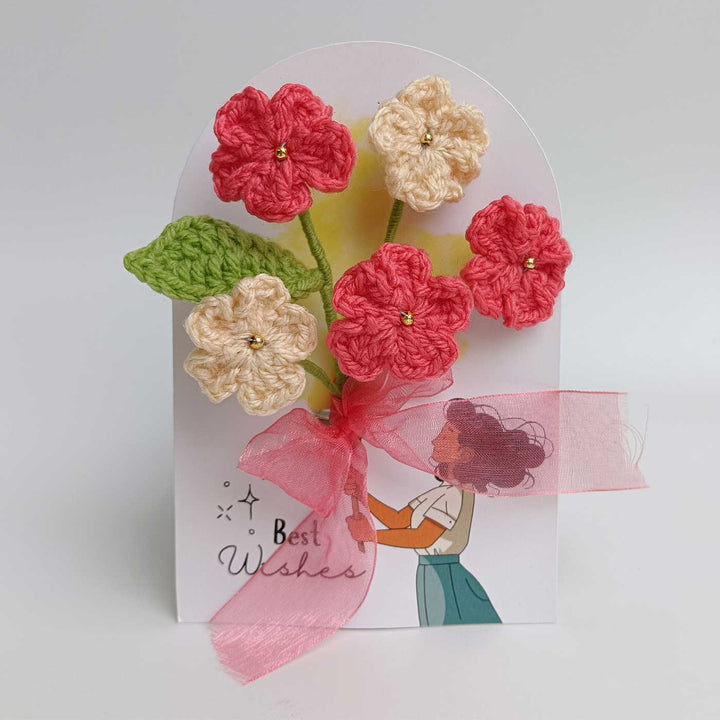Handmade Crochet 3D Pink & White Floral Greeting Card