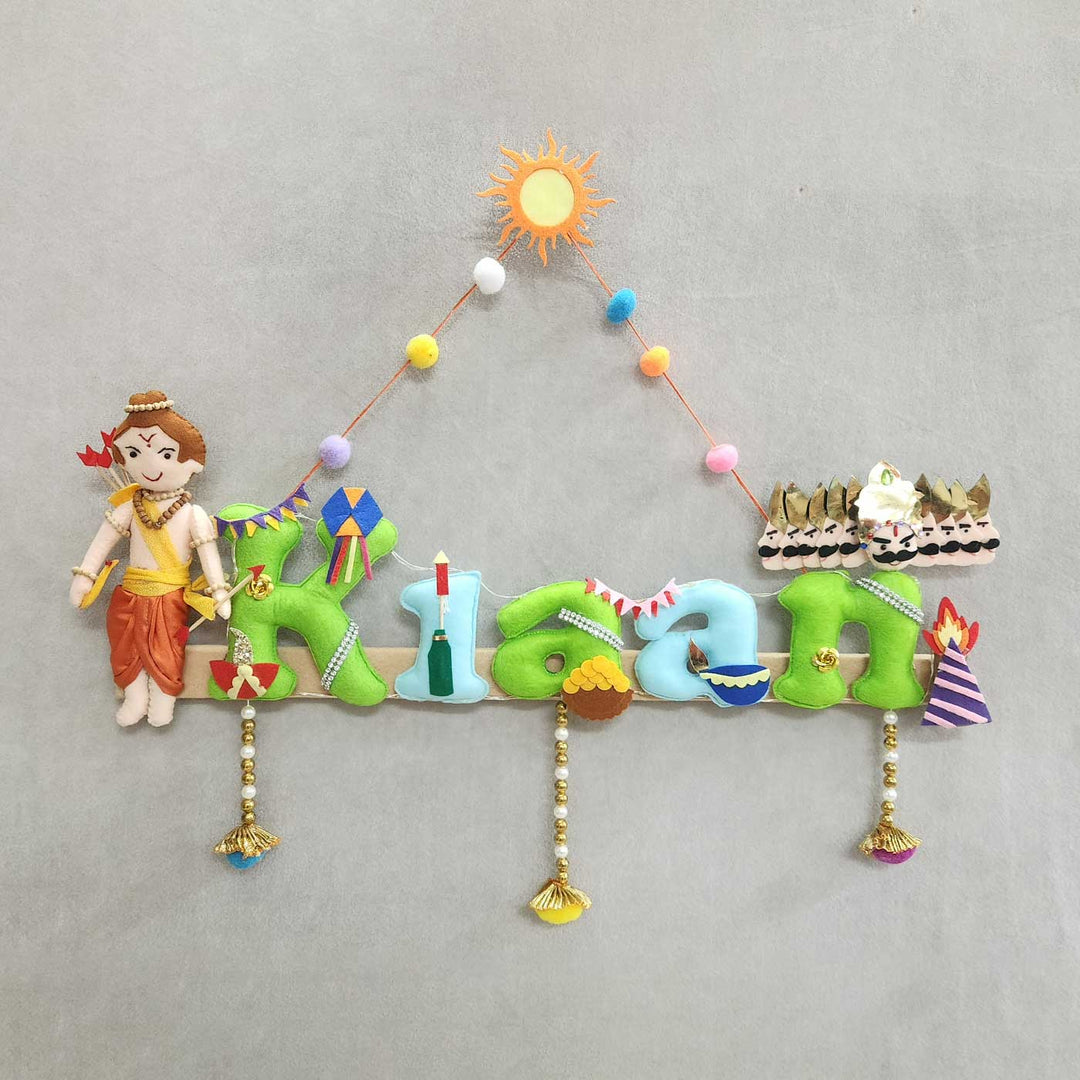 Personalized Shri Ram Ji And Ravan Theme Felt Kids Name Plate - Front View Hanging on Wall