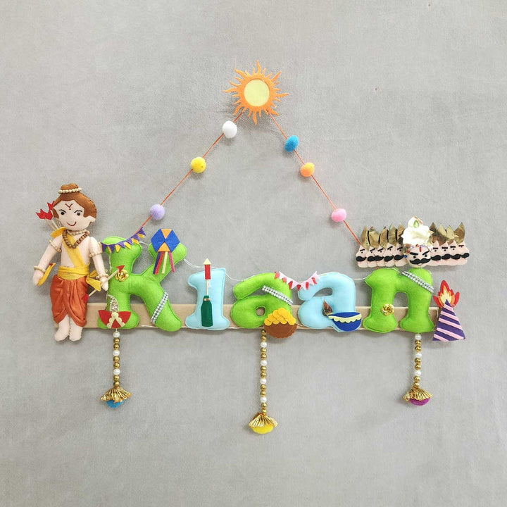 Personalized Shri Ram Ji And Ravan Theme Felt Kids Name Plate - Front View Hanging on Wall