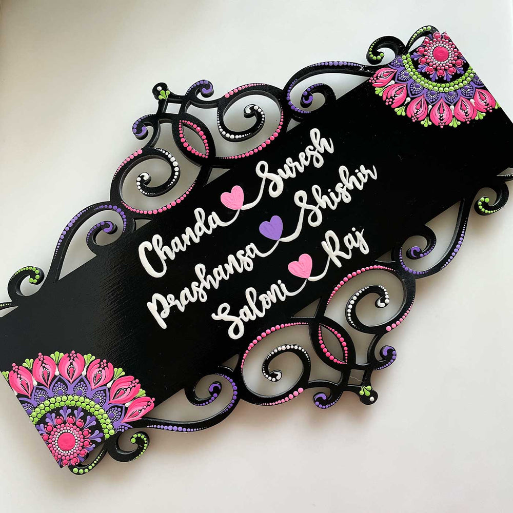 Personalized Handmade Rectangular Cutwork With Dot Art Mdf Wood Name Plate - Name Personalization Example Front View