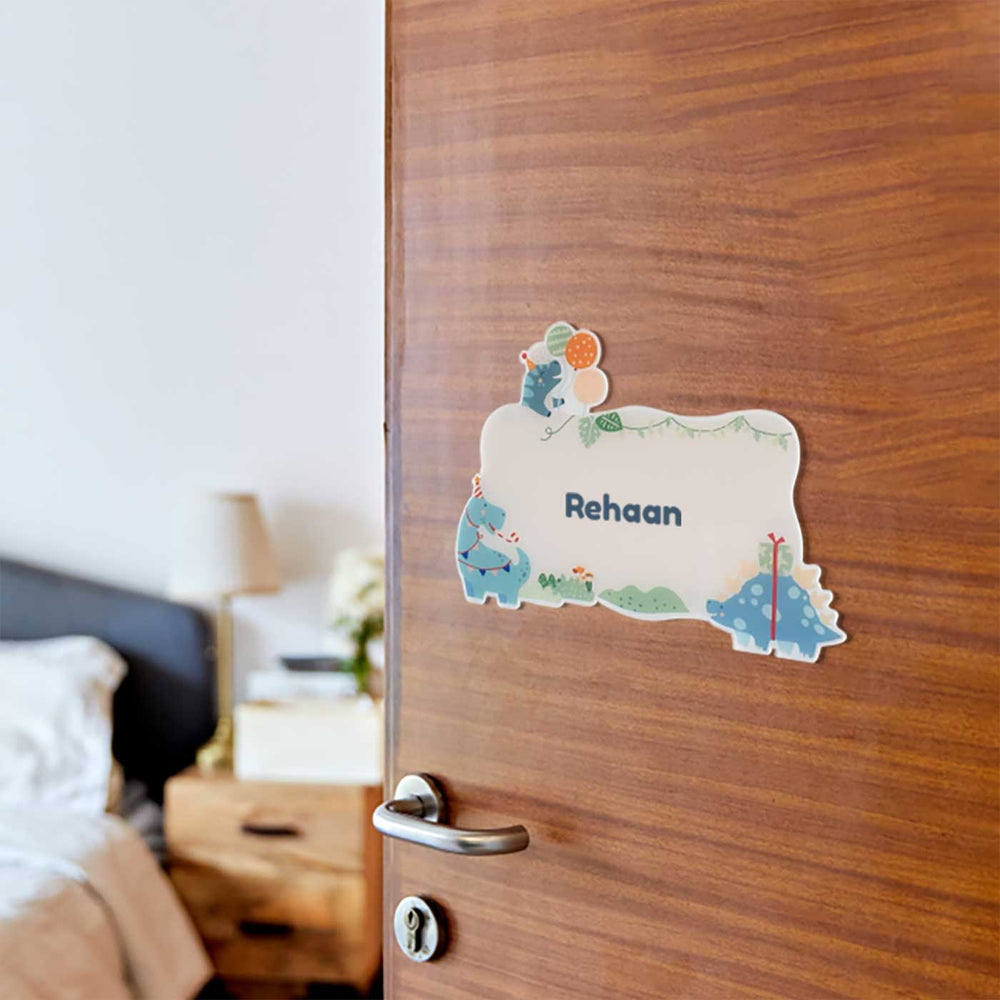 Personalized Dino Party Theme Acrylic Kids Name Plate - Door Hanging Name Personalization Example
