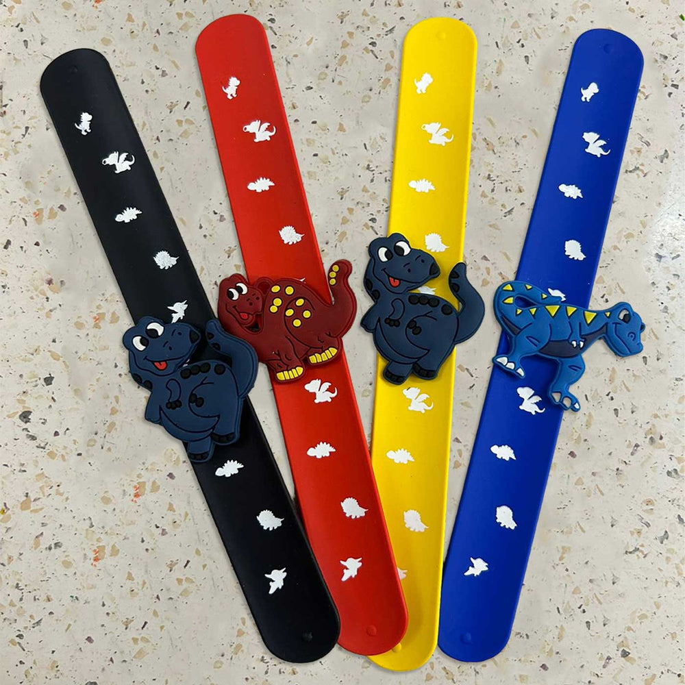 Handmade Dino Slap Band Kids Rakhi With Roli Chawal - Group Display of Four Dinosaur Bands