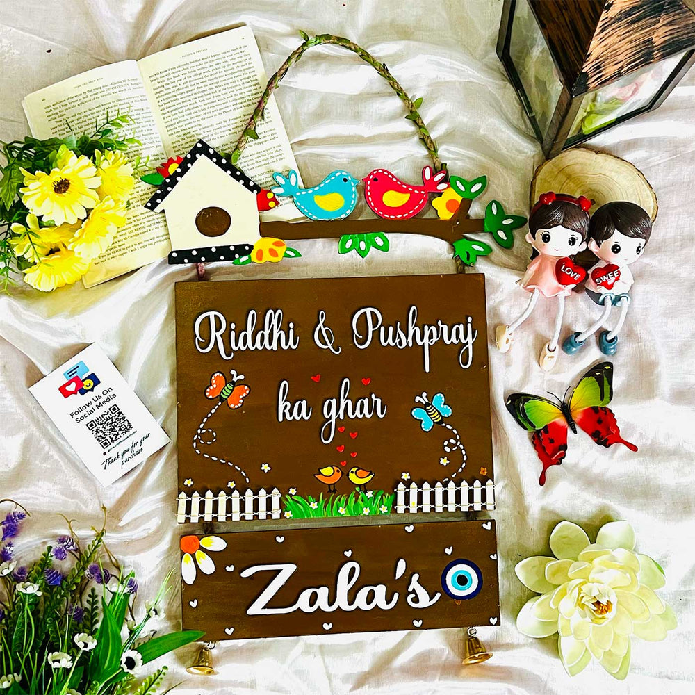 Personalized Birds Themed Mdf Wood Name Plate - Front View with Personalized Text