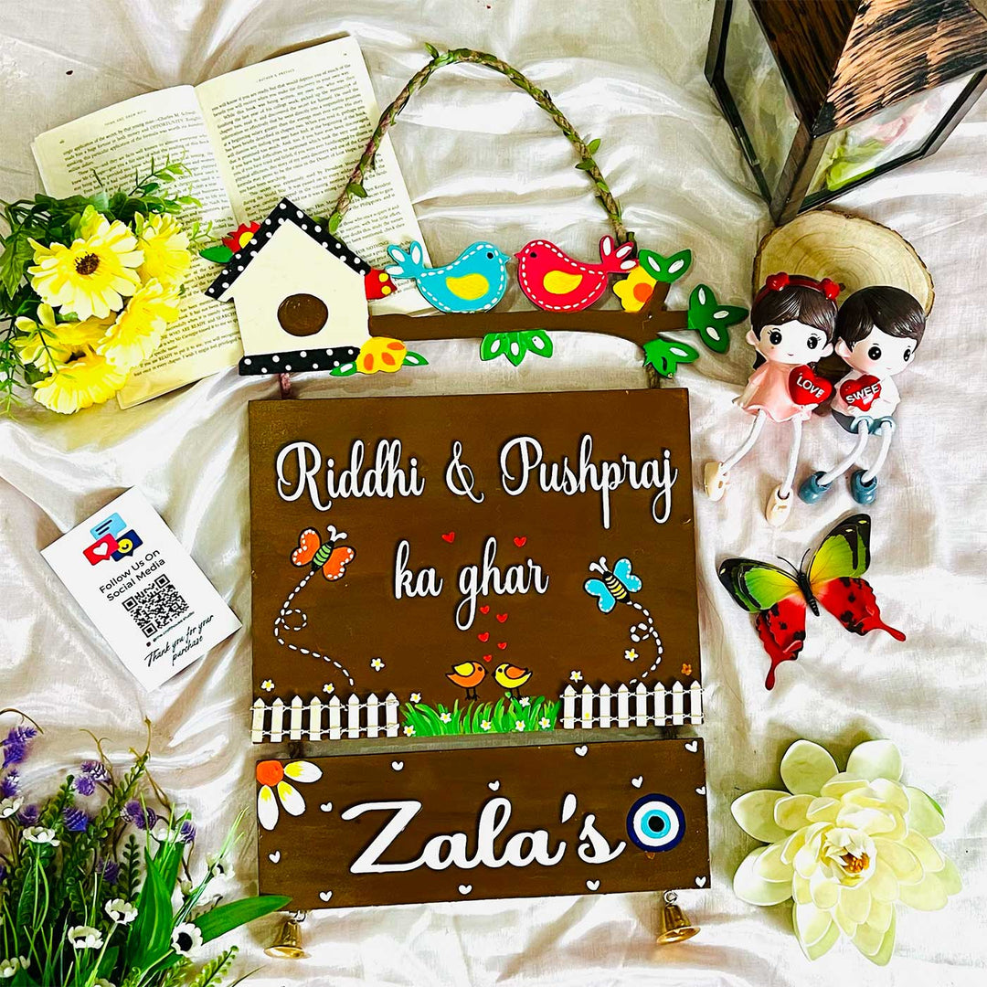Personalized Birds Themed Mdf Wood Name Plate - Front View with Personalized Text
