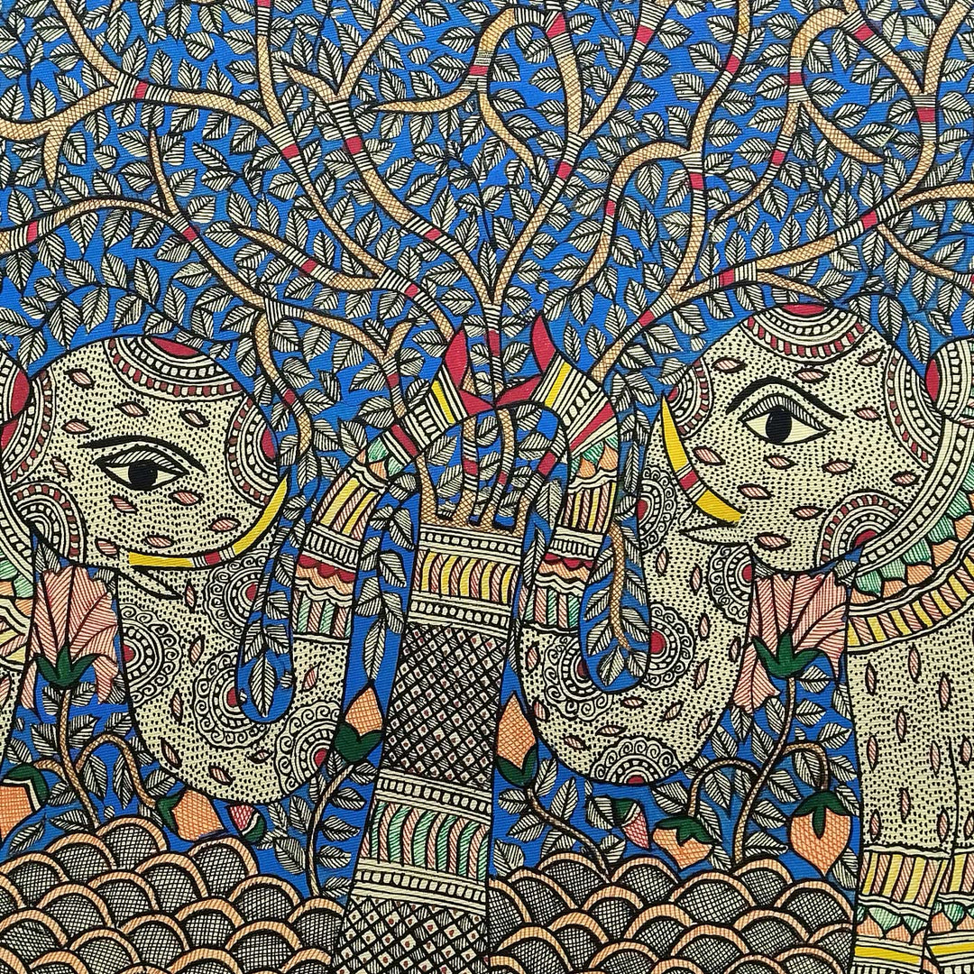 22 x 30 Inch | Elephants Under The Tree | Original Hand Painted Madhubani Painting | Natural Pigments On Paper