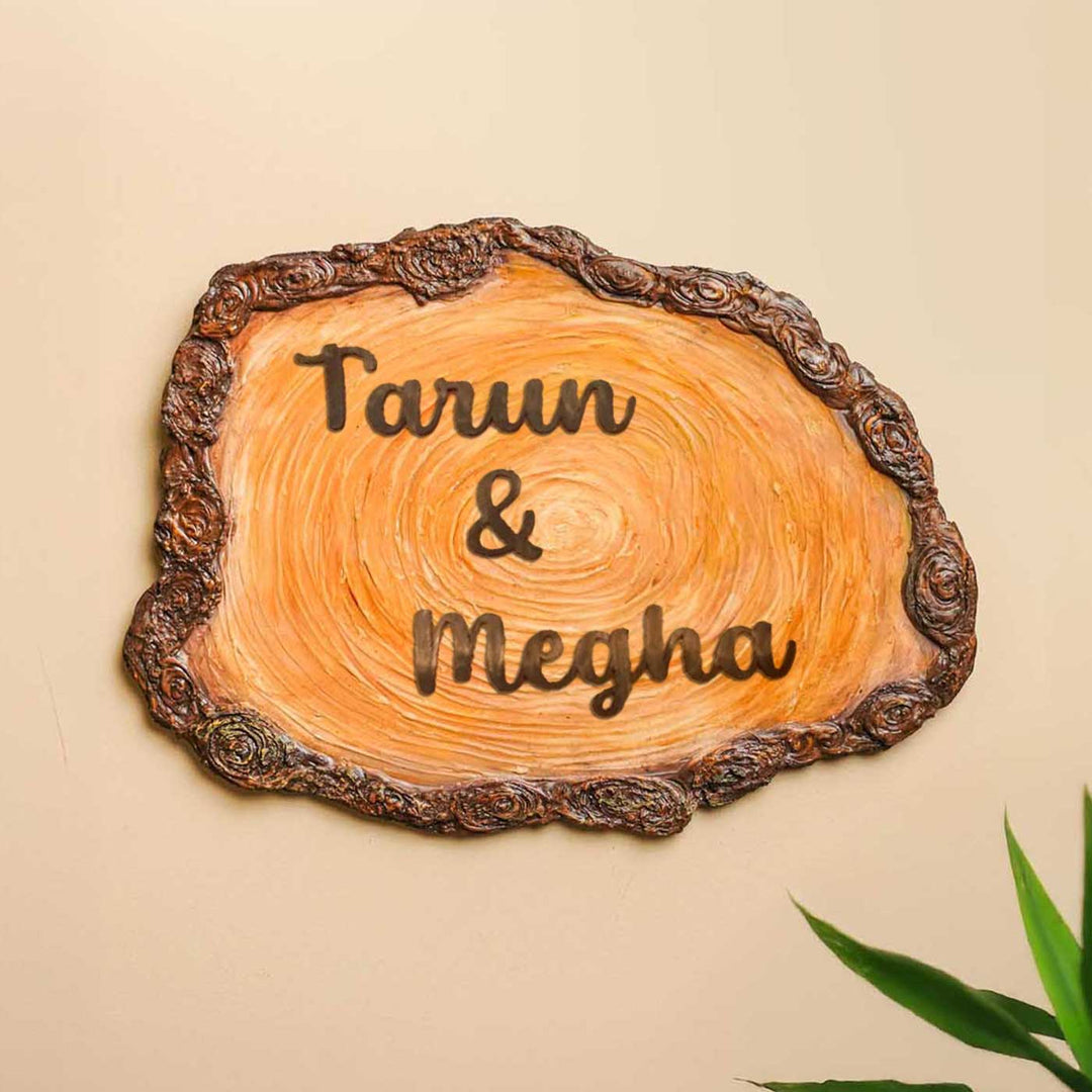 Personalized Natural Bark Theme Mdf Wood Name Plate - Front View Wall Mounted Name Sign
