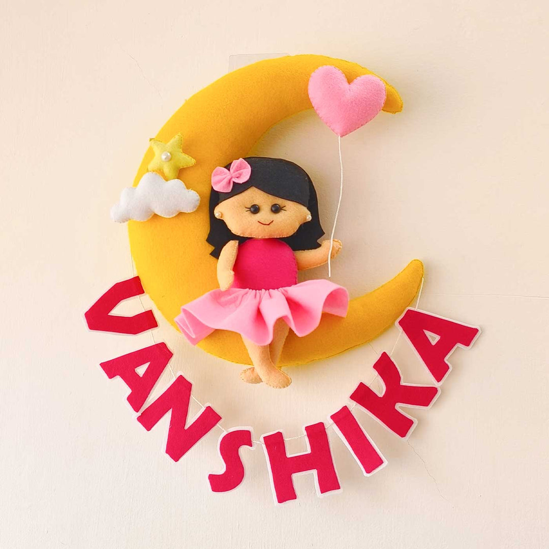 Personalized Handmade Baby On Moon Felt Kids Name Plate