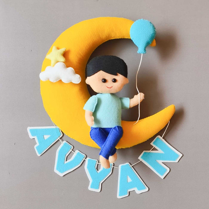 Personalized Handmade Baby On Moon Felt Kids Name Plate