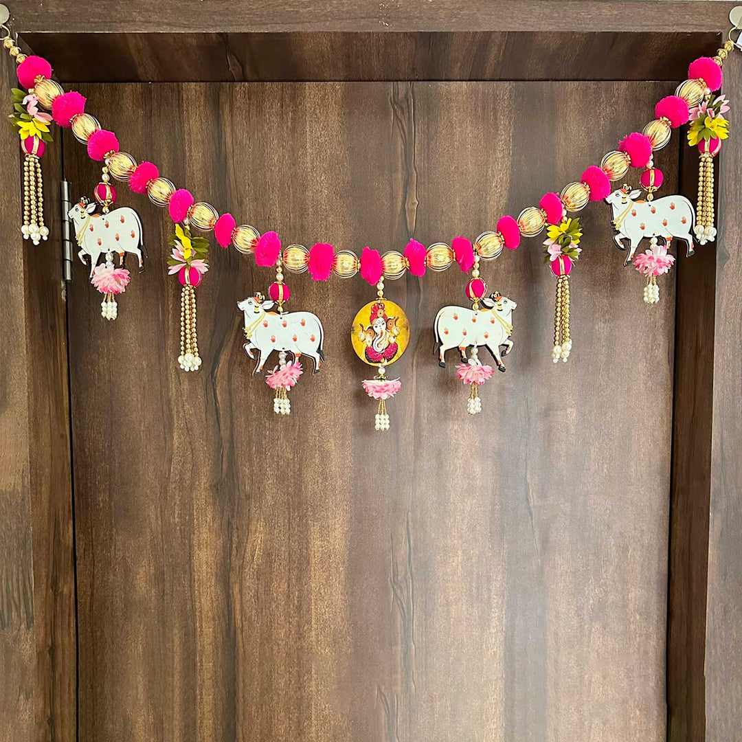 Handmade Pinkpom Poms With Ganesha & Cow Pichwai Toran