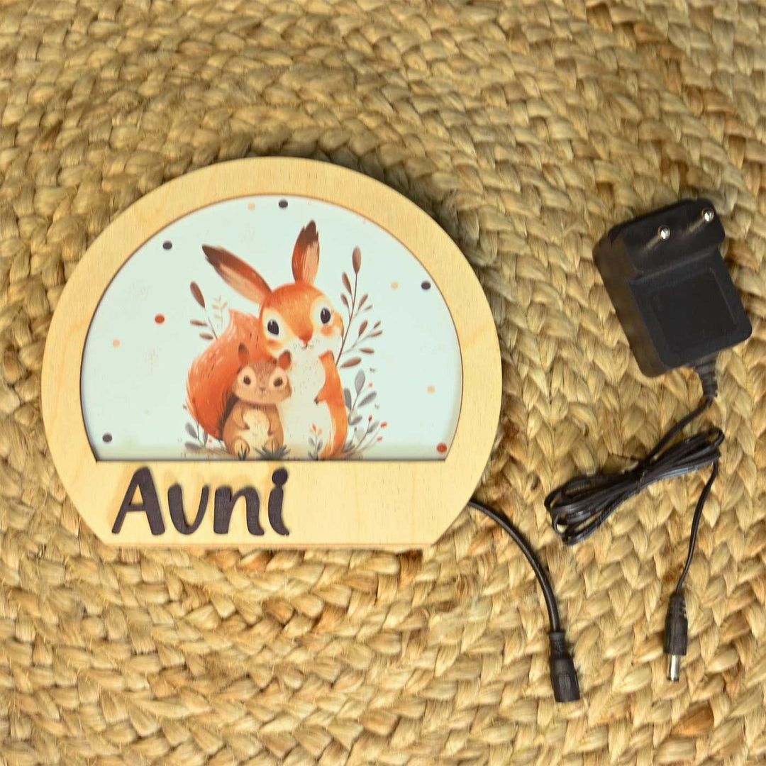 Personalized Squirrel Theme Wooden Table Lamp For Kids With 3D Letters