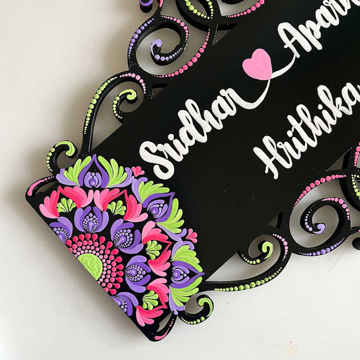 Personalized Handmade Dot Art Rectangle Mdf Wood Name Plate - Corner Detail Close-up