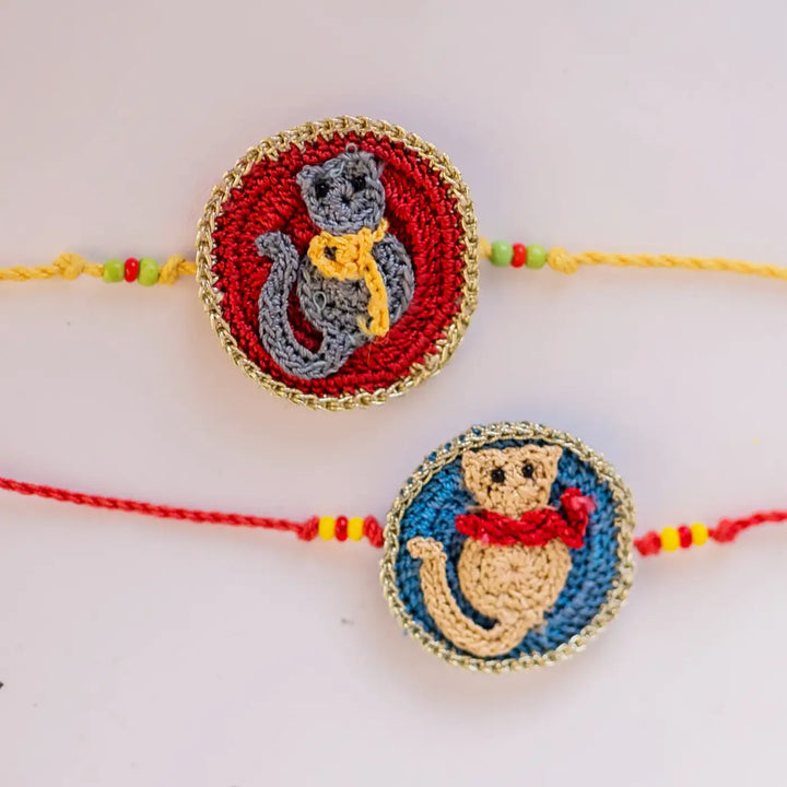 Handmade Crochet Kitten Theme Kids Rakhi With Roli Chawal Set Of 2 - Close-up Front View