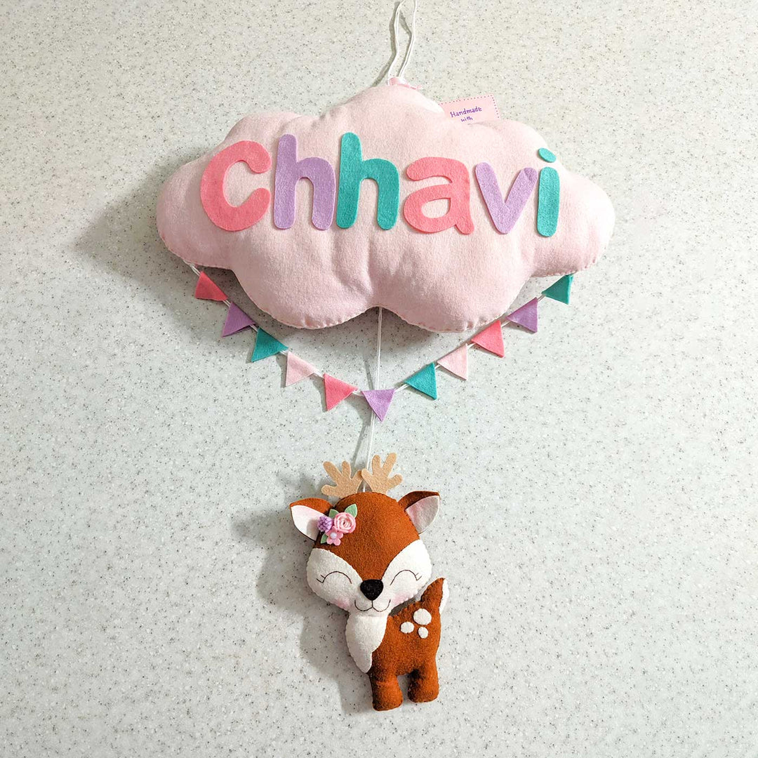 Personalized Handmade Cloud & Reindeer Theme Felt Kids Name Plate