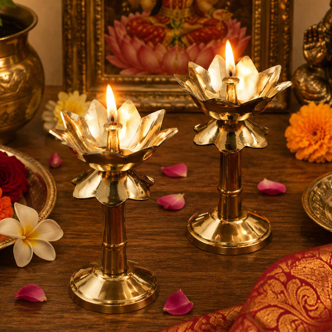 2 pc | Lotus Brass Oil Lamp With Pedestal Stand For Festive Decor