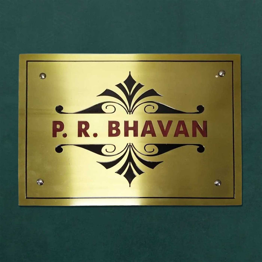 Personalized Square Engraved Gold Stainless Steel Name Plate - Front View Mounted with Screws