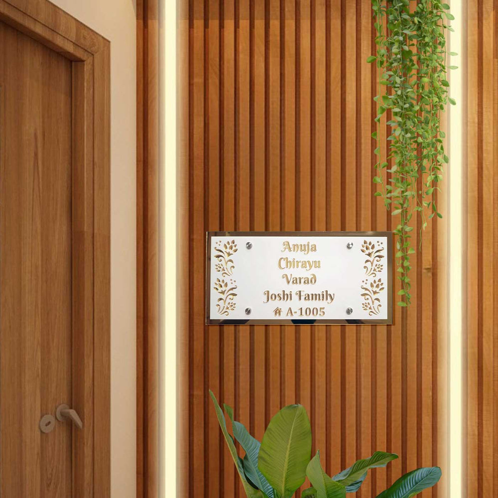 Personalized White And Gold Floral Theme Acrylic Name Plate - Mounted on Entryway Wall