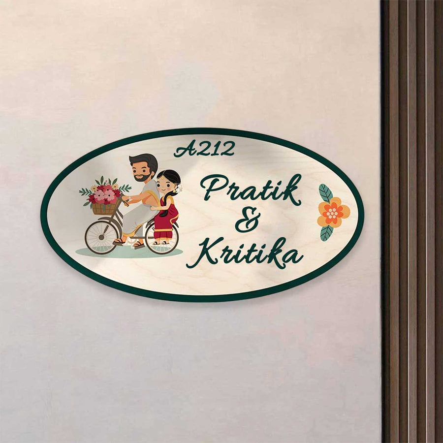 Personalized South Indian Couple Theme Mdf Wood Name Plate - Mounted on Entryway Wall