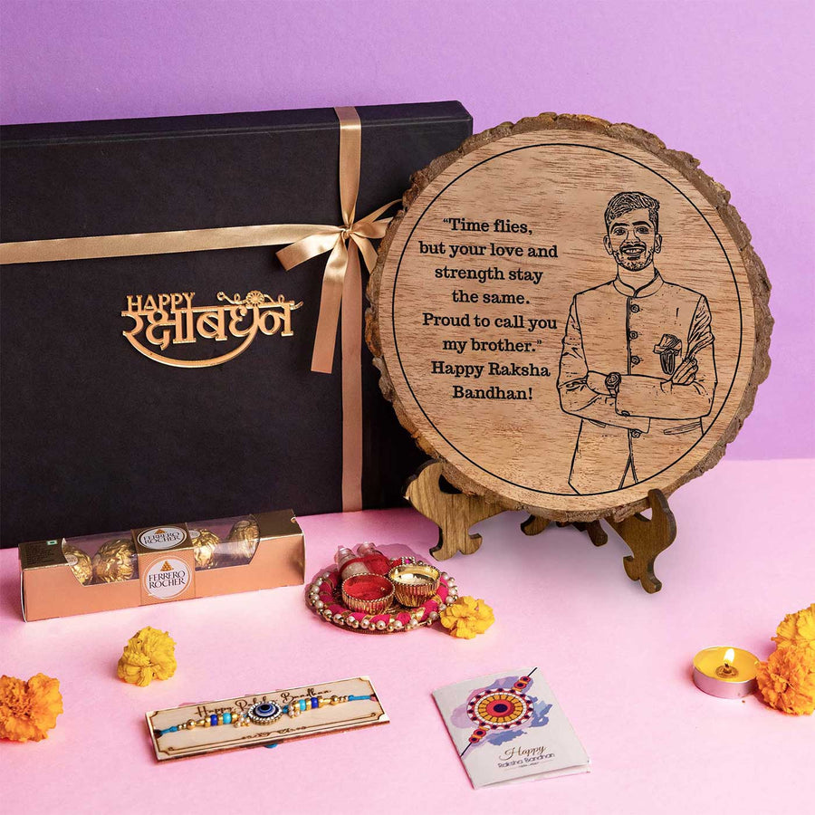 Photo Personalized Engraved Bhai Theme Wooden Decorative Plaque Rakhi Hamper Includes 1 Rakhi 1 Plaque 1 Chocolate 1 Card And 1 Rakhi Plate - Gift Set Display with Plaque and Accessories