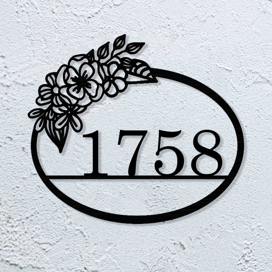 Personalized Laser Cut Floral Design Steel Name Plate - Mounted on Wall Front View