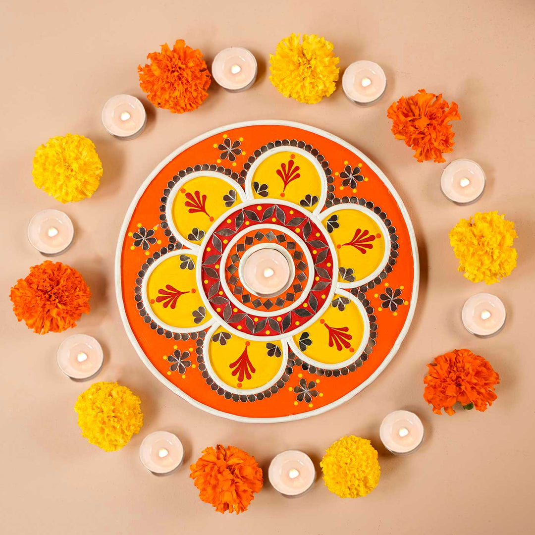 Handmade Lippan Rangoli Wooden Tealight Holder