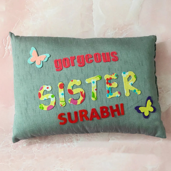 Personalized Gorgeous Sister Felt Rakhi Hamper With Roli Chawal Includes 1 Pillow 1 Rakhi - Front View without Rakhi