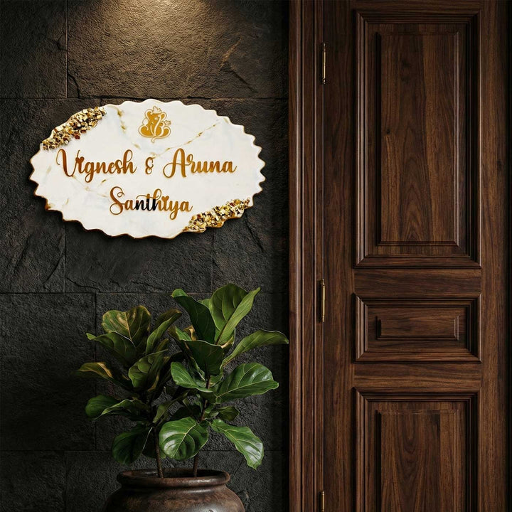 White & Gold Personalized Marble Effect Oval Resin Name Plate | With 3D Acrylic Letters & Gold Stone Embellishment