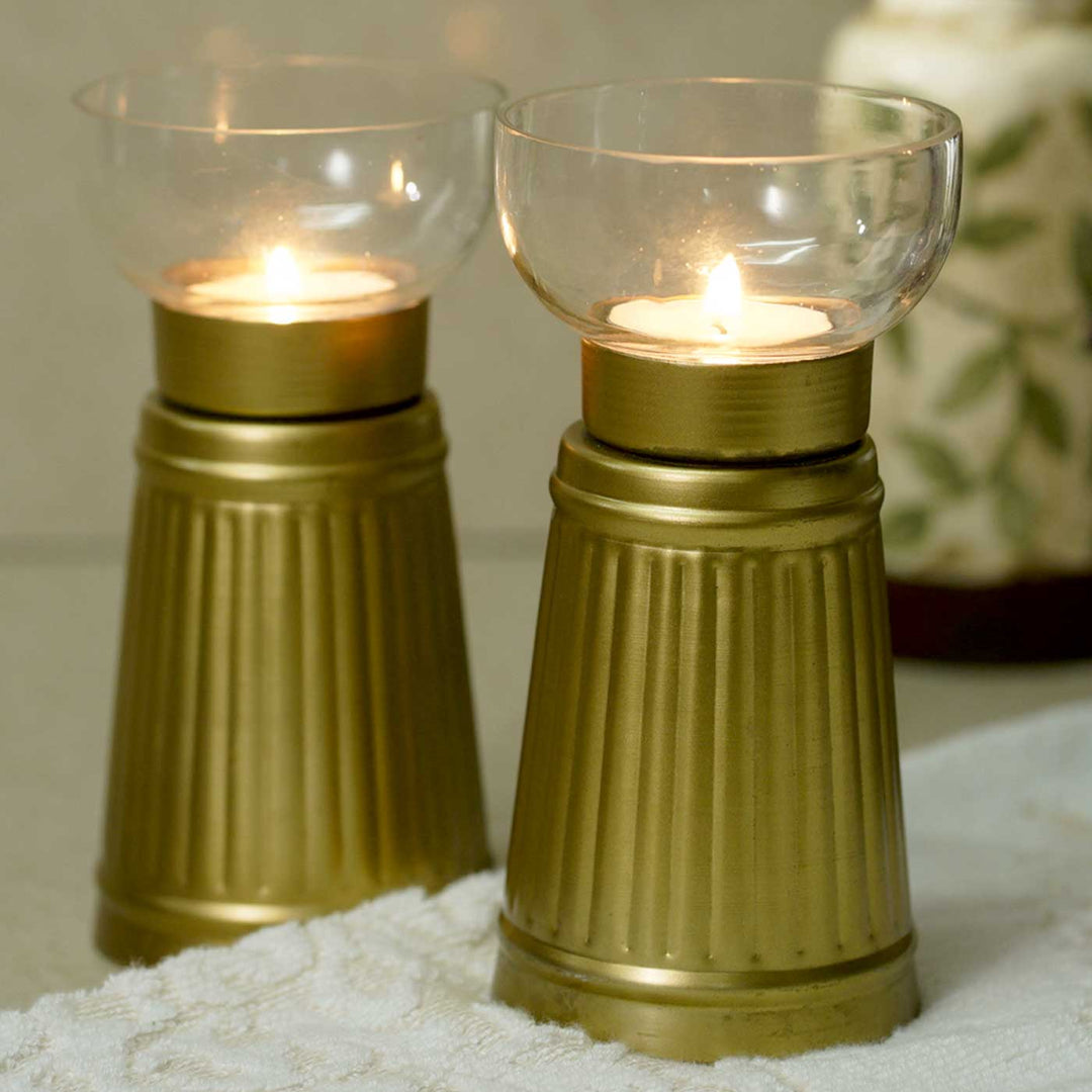 Handmade Golden Aranaya Metal & Glass Tealight Holder | Set Of 2