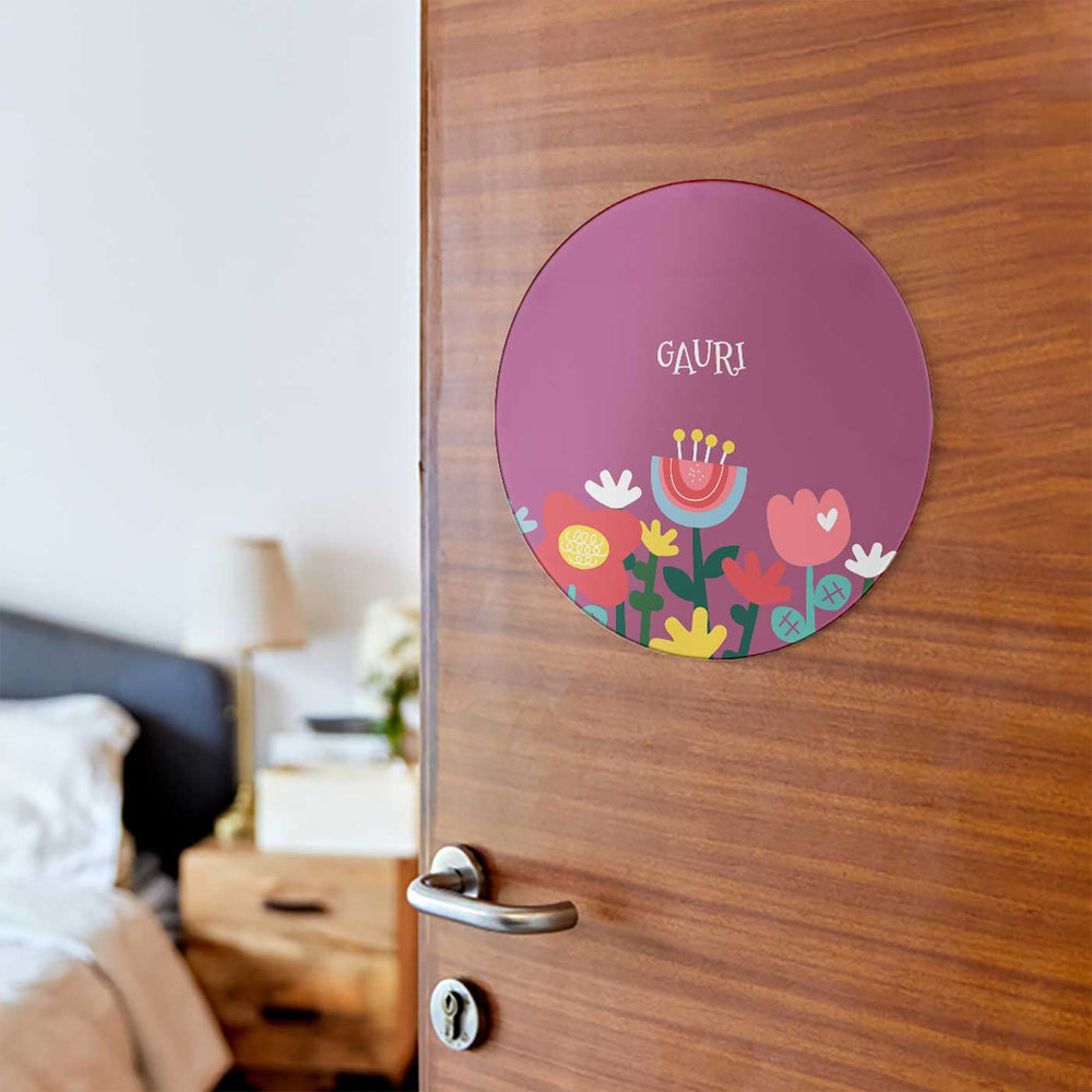 Personalized Flower Power Theme Acrylic Kids Name Plate - Mounted on Door at Eye Level